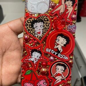 Betty Boop Red Decorative Phone Case with Character Stickers and Gold Accents